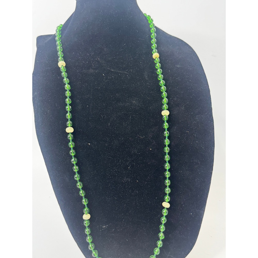 Vintage Green Glass Bead Strand Necklace Yellow Accents Barrel Clasp 35 Inch